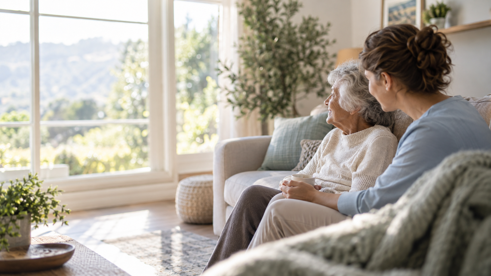 An older adult and a caring companion sharing a calm conversation at home